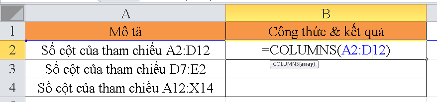 Hướng dẫn sử dụng hàm columns trong excel