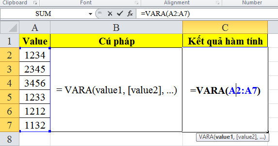 Cách sử dụng hàm vara trong excel