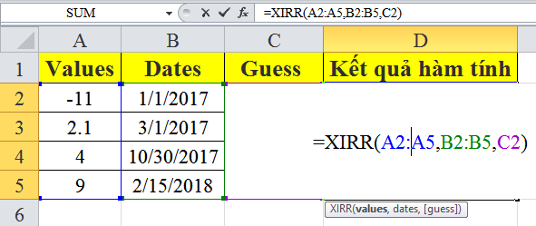 Giới thiệu về cách sử dụng hàm xirr trong excel