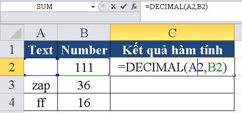 Hướng dẫn sử dụng hàm decimal trong excel